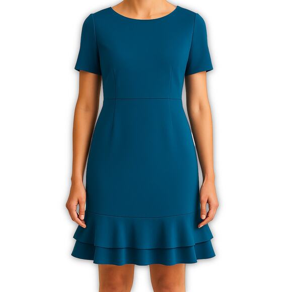 Diane Von Furstenberg Turquoise Knit Shift Dress Ruffle Hem Size 6 - Picture 1 of 12